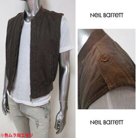 ニールバレット Neil Barrett メンズ アウター ジャケット ロゴ 色ムラ加工・ボタンロゴ刻印付ジップアップベスト ブラウン SQ505 5121 431 (R79900) 8S 【送料無料】 【smtb-TK】