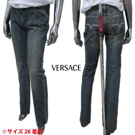 ヴェルサーチ VERSACE レディース パンツ ボトムス ロゴ VERSACE JEANS COUTURE VJCロゴ刻印ボタン・裾クラッシュ・バックポケットビジュー装飾付きデニム ブルー OV6001 35534 700 (R44800) 6A 【送料無料】 【smtb-TK】