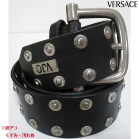 【訳アリ・くすみ有り】ヴェルサーチ VERSACE メンズ 小物 ベルト ロゴ ※訳あり くすみ/汚れ有 VJIロゴプレート・スタッズ付レザーベルト ブラック QV0FPC 80505 (R27800) 【送料無料】 【smtb-TK】