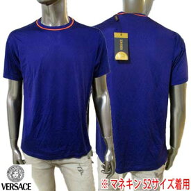 ヴェルサーチ VERSACE メンズ Tシャツ トップス 半袖 ネックライン・アーム部分ロゴ刺繍入りTシャツ ブルー 0029185 5QVER Blue (R39800) 【送料無料】【smtb-tk】 IT10S