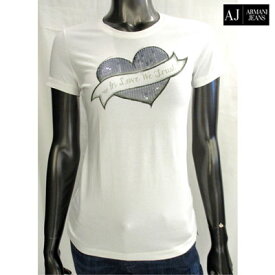 アルマーニジーンズ ARMANI JEANS レディース トップス　Tシャツ カットソー 半袖 ロゴ フロントスパンコールハートロゴ入りカットソー ホワイト　白　 VGH83 AH WHITE (R24150) 14S【送料無料】 【smtb-TK】