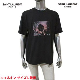 サンローランパリ SAINT LAURENT PARIS メンズ トップス Tシャツ 半袖 ロゴ ネック部分ダメージ加工・裾カットオフデザイン・サンセット/ヤシの木転写プリント付Tシャツ ブラック 646358 Y36AA 1068 (R47300) 121 春夏【送料無料】 【smtb-TK】