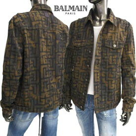 バルマン BALMAIN メンズ アウター ジャケット デニムジャケット ロゴ 総柄モノグラム柄・ジップ/ボタンロゴ刻印・バックネックレザーロゴパッチ付デニムジャケット カーキ XH1TC003 CB66 EFM (R267300) 221 春夏新作【送料無料】 【smtb-TK】