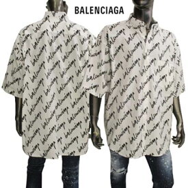 バレンシアガ BALENCIAGA メンズ トップス シャツ カジュアルシャツ 半袖 ユニセックス可 ロゴ 総柄BALENCIAGAスラッシュロゴ・ボタンロゴ刻印付きカジュアルシャツ ホワイト 681702 TLLJ4 9040 (R137500) 221 2022年春夏新作 【送料無料】 【smtb-TK】