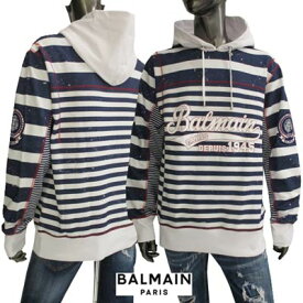 バルマン BALMAIN メンズ トップス パーカー フーディ ボーダーライン・フロントBALMAINロゴ・ヴィンテージ擦れ加工・アーム部分ライオンエンブレムワッペン付きボーダーパーカー 白 青 XH2JR004 05GB GEU (R157300) 221 春夏新作 【送料無料】 【smtb-TK】