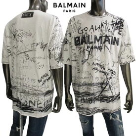 バルマン BALMAIN メンズ トップス Tシャツ 半袖 ロゴ 総柄グラフィティ(落書き)アートデザイン/フロントBALMAINロゴ・バックネック部分ロゴ入りTシャツ ホワイト YH1EH018 GB65 GAB (R93500) 222 2022年秋冬新作 【送料無料】 【smtb-TK】