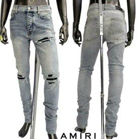 アミリ AMIRI メンズ ボトムス デニムパンツ ジーンズ ダメージ/色あせ加工・バックレザーロゴパッチ・バックポケット部分ロゴプレート付きクラッシュデニム ライトブルー PS23MDS009 765 (R209000) 321 2023年春夏新作 【送料無料】 【smtb-TK】