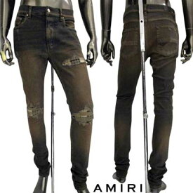 アミリ AMIRI メンズ ボトムス デニムパンツ ジーンズ ダメージ部分格子縞当て布・バックレザーロゴパッチ・バックポケット部分ロゴプレート付きクラッシュデニム ダークネイビー PS23MDS012 950 (R209000) 321 2023年春夏新作 【送料無料】 【smtb-TK】