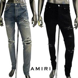 アミリ AMIRI メンズ ボトムス デニムパンツ ジーンズ 2color ダメージ部分バンダナ当て布・バックロゴパッチ・バックポケット部分ロゴプレート付きクラッシュデニム ブルー/ブラック PXMDS154 408/018 (R187000/R220000) 321 2023年秋冬新作 【送料無料】 【smtb-TK】