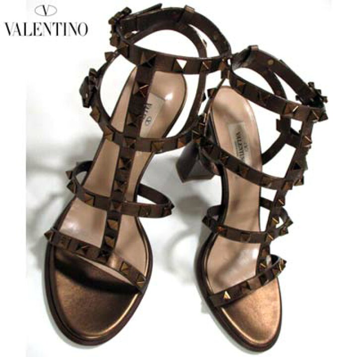 VALENTINO 37 24.0 メタルロゴ ストラップ サンダル レザー 黒