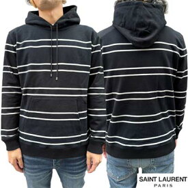 サンローランパリ SAINT LAURENT PARIS メンズ トップス パーカー フーディ スウェット チェスト部分刺繍ロゴ・シューレース金具部分ロゴ刻印入りホワイトボーダープルオーバーパーカー ブラック 759979 Y37IZ 1095 (R148500) 322 2023年秋冬新作 【送料無料】 【smtb-TK】