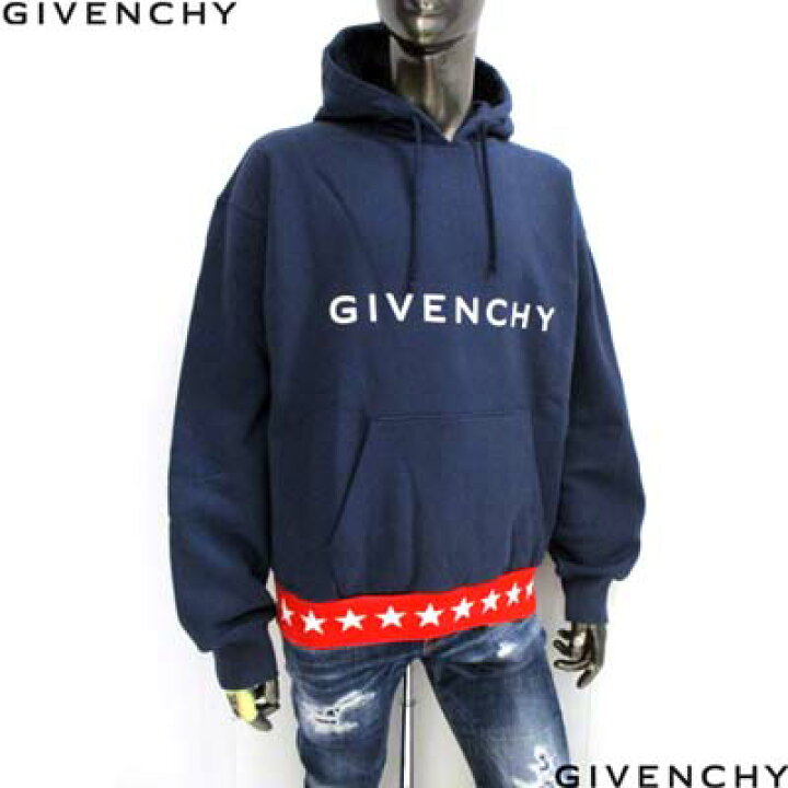 GIVENCHY ジバンシィ パーカー XL ロゴ 刺繍ライン メンズ ネイビー 