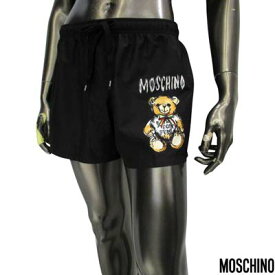 モスキーノ MOSCHINO メンズ 水着 スイムウェア ビーチパンツ ショーツ ハーフパンツ サイドグラフィティロゴ/トリコロールリボン付きテディベア・裏地メッシュ/ウエスト紐付きスイムウェア ブラック A4202 0273 1555 (R41800) 421 2024年春夏新作 【送料無料】 【smtb-TK】