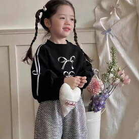 20%OFF キッズ 春秋 リボン ライン トレーナー 子供 90 100 110 ウェット ロジ 韓国子供服 ブラック 黒 シルバー 流行 リボン柄 カジュアル シンプル おしゃれ 流行 女の子 可愛い ガーリー ベーシック 保育園 幼稚園 小学生 キッズ ジュニア