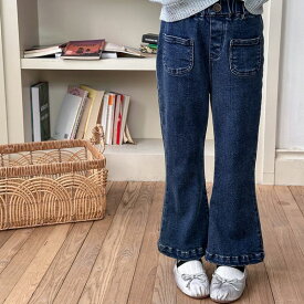 20%OFF キッズ 秋冬 新作 フロントポケット フレア デニム 子供 ロジ 100 110 120 130 140 ジーンズ ジーパン ウエストゴム 韓国子供服 海外子供服 青 カジュアル おしゃれ 女の子 カジュアル デザインデニム 保育園 幼稚園 小学生 ジュニア