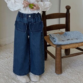 20%OFF キッズ 秋冬 フロント ポケット ワイド デニム フリル 子供 90 100 110 120 140 ジーンズ ジーパン ロジ ウエストゴム ゆったり 韓国子供服 青 カジュアル おしゃれ 女の子 男の子 ベーシック デザインデニム 保育園 幼稚園 小学生 ジュニア