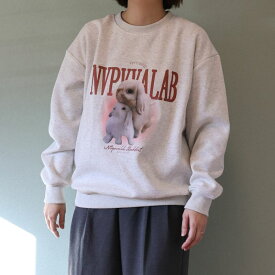 20%OFF レディース 実写プリント うさぎ トレーナー 大人用 親子 リンクコーデ スウェット ユニーク ロジ 動物柄 韓国アパレル ライトグレー グレー 杢グレー カジュアル おしゃれ アメカジ レディース 韓国風 カジュアル ベーシック 裏起毛なし