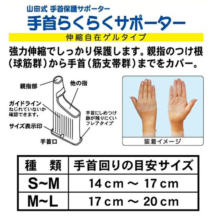 山田式 手首保護サポーター 手首らくらくサポーター 伸縮自在ゲルタイプ ミノウラ 左右兼用 1枚入り S-Mサイズ 手首 親指 水仕事 フィット 密着固定 サポート HARKS 山田式 手首らくらくサポーター