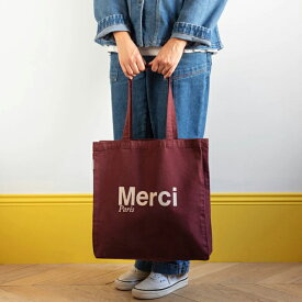 日本未発売【パリ直輸入】Merci cotton Tote Bag - Burgundy & Cream メルシーパリ トートバッグ コットンBIO製 バーガンディ&クリーム Large