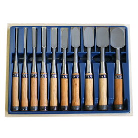■播州三木 集成材鑿 赤樫柄 10本組 木箱入 ハイス鋼 追入鑿 のみ ノミ 大工道具 職人用 本職用 集成材やデコラに！ 人造大理石に！高速度工具鋼 ハイスピード鋼 木彫り 鑿セット のみセット 組鑿