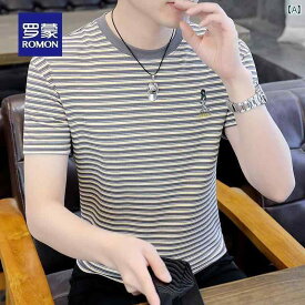 ストライプ Tシャツ 男性用 ロモン メンズ 冷感 半袖 Tシャツ 夏 スタイル カジュアル コットンストライプ ラウンドネック ボトムス 服 セーラー シャツ
