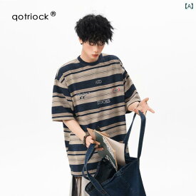 ストライプ Tシャツ 男性用 アメリカン ストライプの コントラスト 半袖 Tシャツ 男女兼用 夏の ゆったり セーラー シャツ ストリート