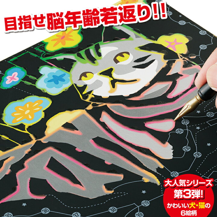 楽天市場 大人の塗り絵 楽しく脳トレ スクラッチアート 犬猫 編 ぬりえ 大人 塗り絵 削り絵 アートパネル スクラッチアート スクラッチシート専用ペン付き スクラッチペン 暇潰しグッズ 健康 美容雑貨 メイダイ楽天市場店