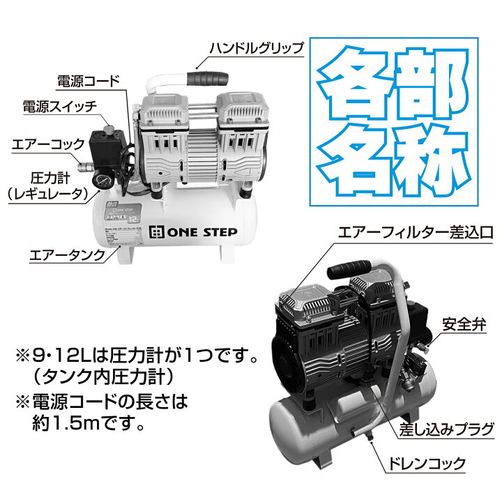 楽天市場】エアーコンプレッサー 100v オイルレス 12L 静音 0.8MPa最高 