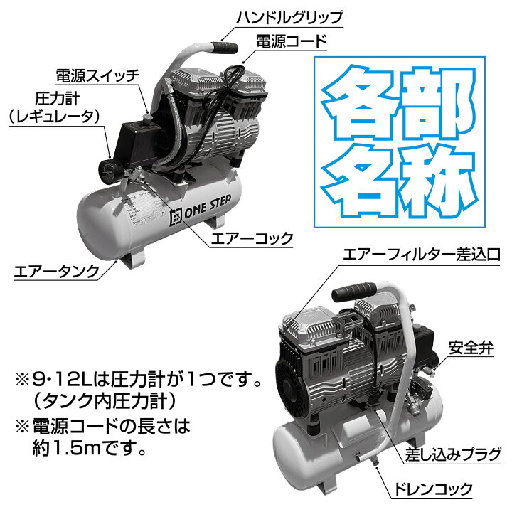 楽天市場】オイルレス エアーコンプレッサー 200v 大容量 90L 0.8MPa 