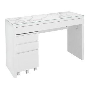 ドレッサー ワゴンセット ガラス マーブル柄 ワイド 幅120cmデスク ハイタイプ 引出し1杯 コンセント付 テーブル 幅35cmコスメワゴン キャスター付 引出し3杯 化粧品台 収納 メイク台 かわいい