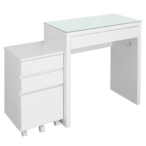 ドレッサー ワゴンセット ガラス 透明 クリア スリム 幅75cmデスク ハイタイプ 引出し1杯 コンセント付 テーブル 幅35cmコスメワゴン キャスター付 引出し3杯 化粧品台 収納 メイク台 かわいい