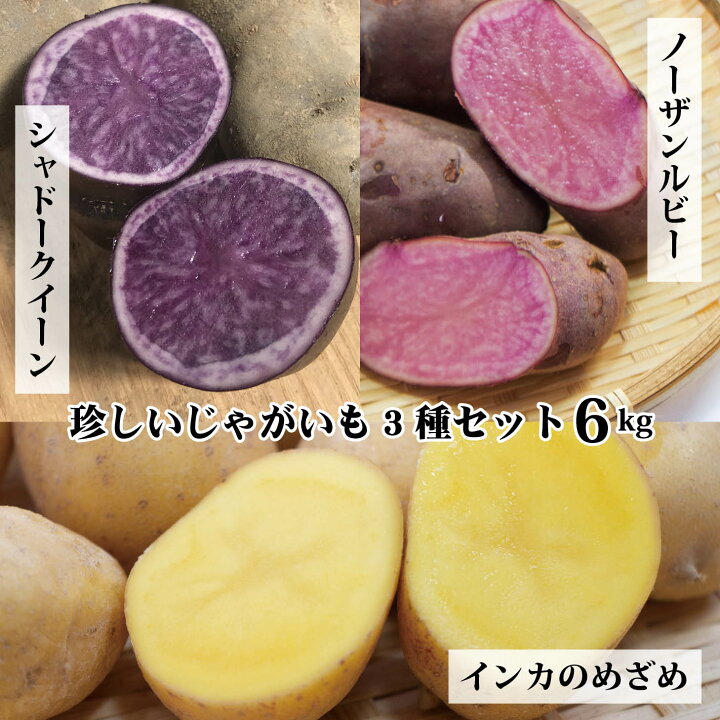 【送料無料】珍しいじゃがいも3種セット(シャドークイーン ・ノーザンルビー・インカのめざめ 各約2kg)〈合計約6kg〉【じゃがいも ジャガイモ じゃが芋 紫ポテト ピンク 珍しい野菜 めずらしい 変わった野菜 インスタ映え カラフル 綺麗 彩 あしらい 飾り ... 新ジャガイモ3種セット1.4kg シャドークイーンインカのめざめひとみ