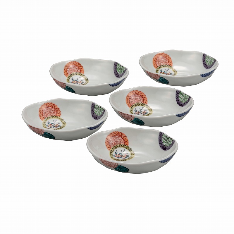 5.5号小鉢揃 色絵丸紋 超安い Set of small dot.Japanese Kutani ware. Colorful セールSALE％OFF bowl.