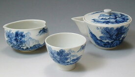 京焼/清水焼 磁器 煎茶器揃 染山水 木箱入 Kyo-yaki. Japanese Sencha teaset of kyusu and cups Somesansui. Wooden box. Porcelain.