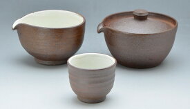 京焼/清水焼 陶器 煎茶器揃 焼しめ 紙箱入 Kyo-yaki. Japanese Sencha teaset of kyusu and cups Yakishime. Paper box. Ceramic.
