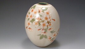 京焼/清水焼 陶器 花器 花瓶 白掛桜 紙箱入 Kyo-yaki. Japanese ceramic Ikebana flower vase. White sakura.