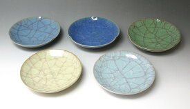 京焼/清水焼 陶器 銘々皿5枚揃 青瓷貫入 紙箱入 Kyo-yaki. Set of 5 small Japanese serving plate ceradon. Paper box. ceramic.