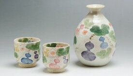 京焼/清水焼 陶器 お預け酒器 酒器セット 花六瓢 紙箱入 Kyo-yaki. Japanese Sake guinomi cup and tokkuri bottle Hana mubyo. Paper box. ceramic.