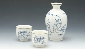 京焼/清水焼 磁器 お預け酒器 酒器セット 鳥獣戯画 紙箱入 Kyo-yaki. Japanese Sake guinomi cup and tokkuri bottle chojugiga. Paper box. Porcelain.