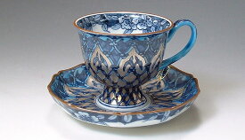 京焼/清水焼 磁器 珈琲碗皿 銀モスク 木箱入 Kyo-yaki. Coffee teacup and saucer silver mosque. Wooden box. Porcelain.