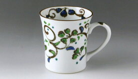 京焼/清水焼 磁器 マグカップ 花唐草（緑） 紙箱入 Kyo-yaki. Japanese mug cup green hanakarakusa. Paper box. Porcelain.