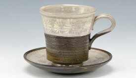 京焼/清水焼 陶器 珈琲碗皿 釉線華紋 紙箱入 Kyo-yaki. Coffee teacup and saucer yusen kamon. Paper box. Ceramic.