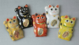 京焼/清水焼 磁器 箸置 五色招き猫 5入 紙箱入 Kyo-yaki. Set of 5 Japanese chopstick spoon rest lucky cats. Paper box. Porcelain.