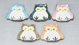 京焼/清水焼 陶器 箸置 福ふくろう 5入 紙箱入 Kyo-yaki. Set of 5 Japanese chopstick spoon rest lucky owls. Paper box. Ceramic.