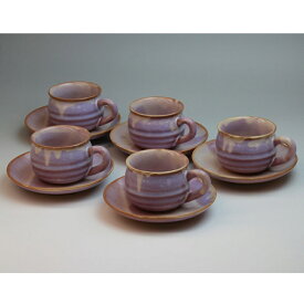 萩焼 萩むらさき丸珈琲セット（木箱） Hagi yaki purple cup&saucer 5set made in Japan. Japanese pottery with wood box.