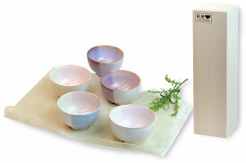 萩焼 shikisai まめ碗5客セット 木箱入 Japanese ceramic Hagi-ware. Set of 5 shikisai small bowls with wooden box.