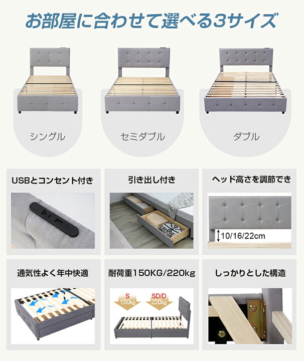 楽天市場】【20時からP5倍】ファブリックベッド おしゃれ USB 