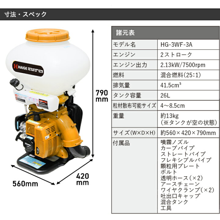 楽天市場】ハイガー公式 エンジン散布機 背負い式 26Lタンク 肥料 農薬 