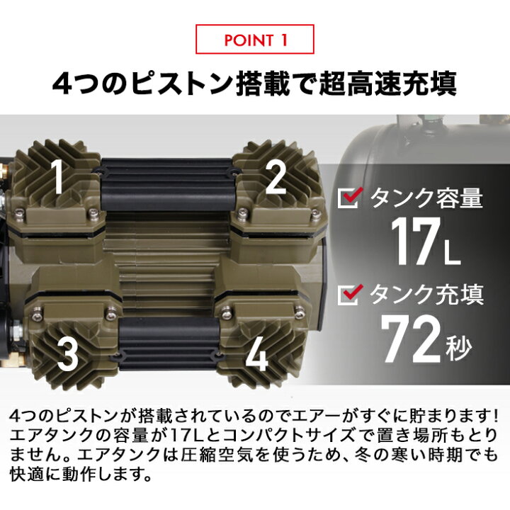 楽天市場】ハイガー エアコンプレッサー 100V 17L オイルレス 最大圧力 