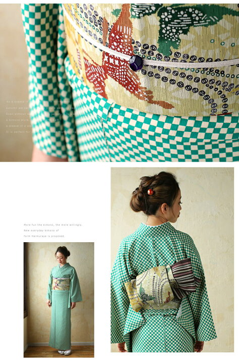 楽天市場 洗える着物 袷 小紋 市松格子 チェック ベージュ 緑 お仕立て上がりプレタ レディースきもの 創世舎 市松 グリーン ベージュ M Lサイズ Kk ふだんきものハイムラヤ